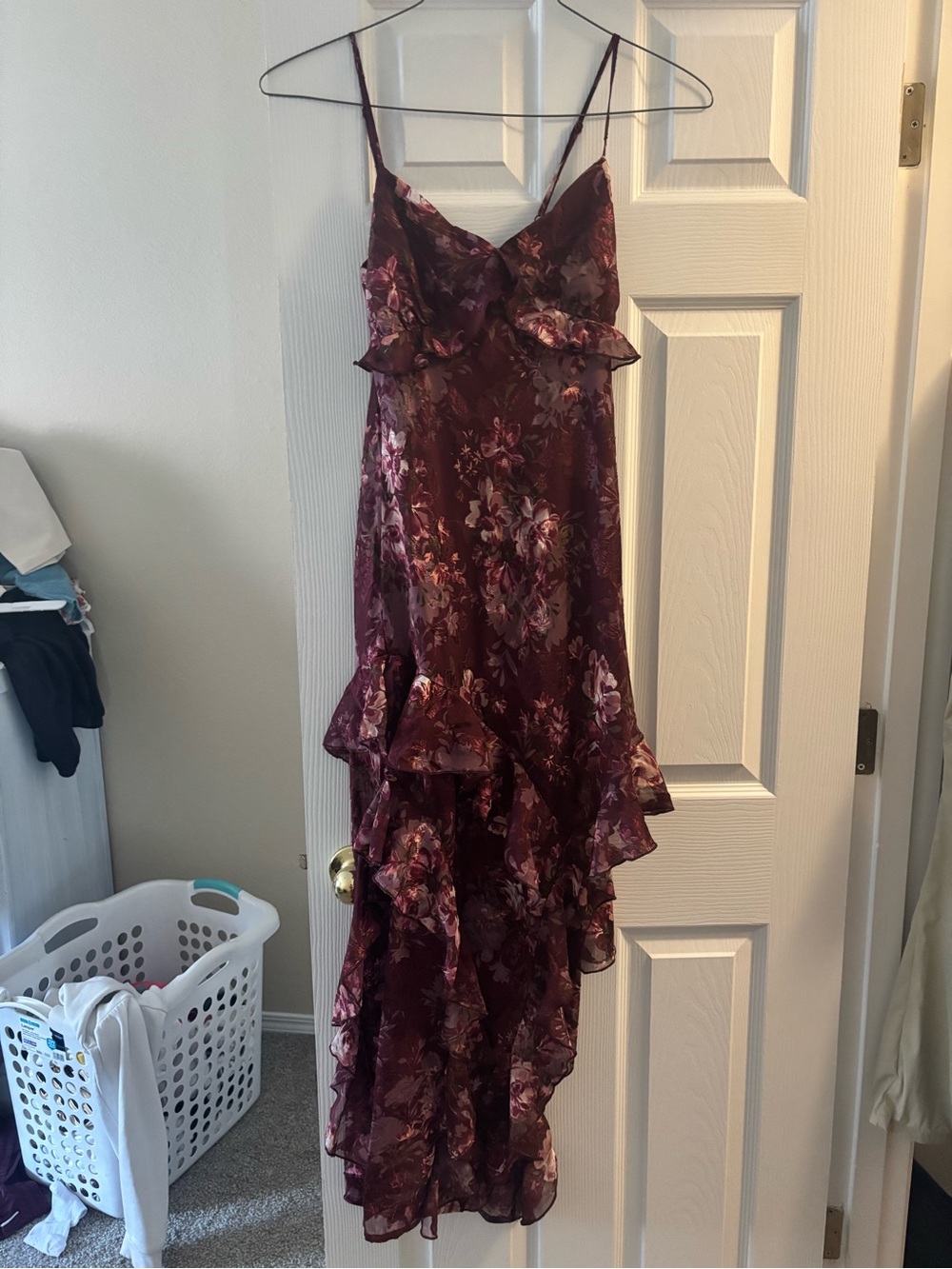 Floral Burgundy asymmetrical Ruffle Slip Dress